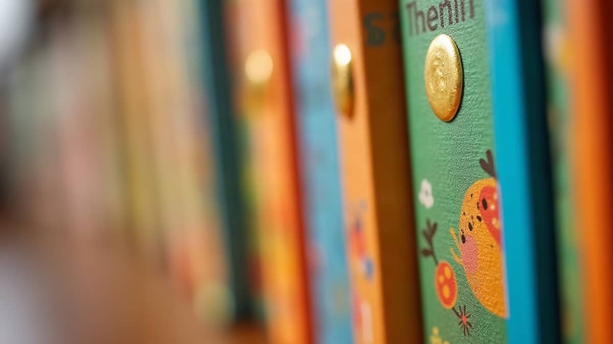 Colorful picture-book spines with round gold foil seals catching the light