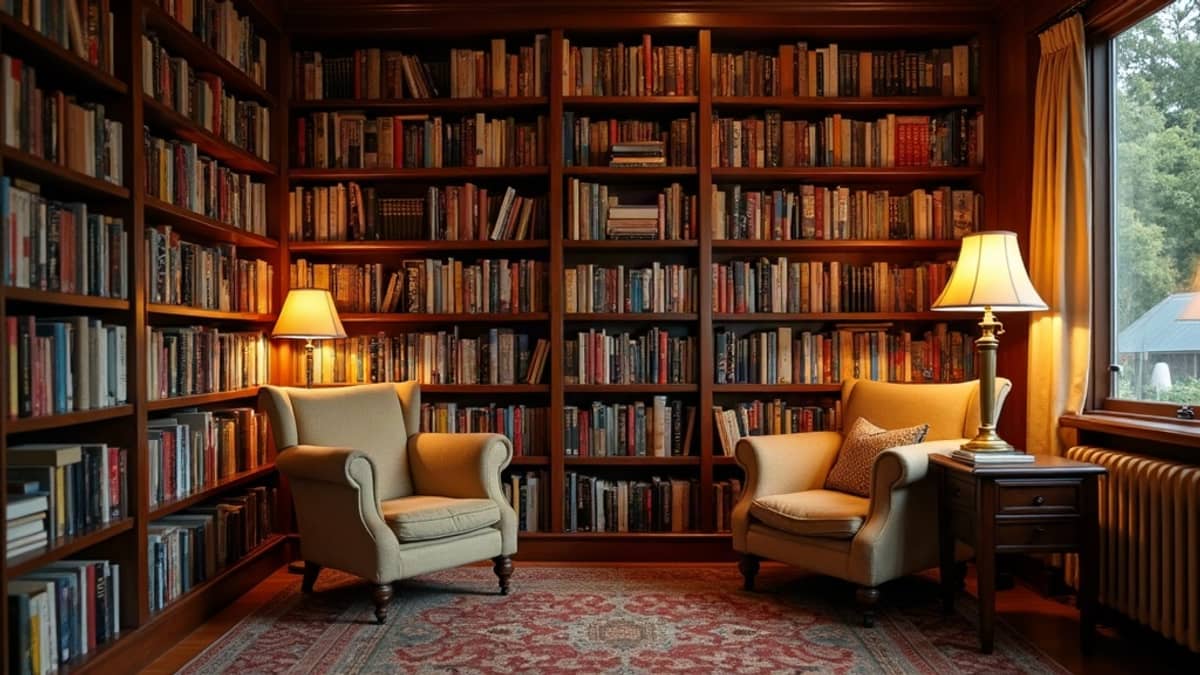 A full floor-to-ceiling home bookcase beside a cozy armchair and lamp