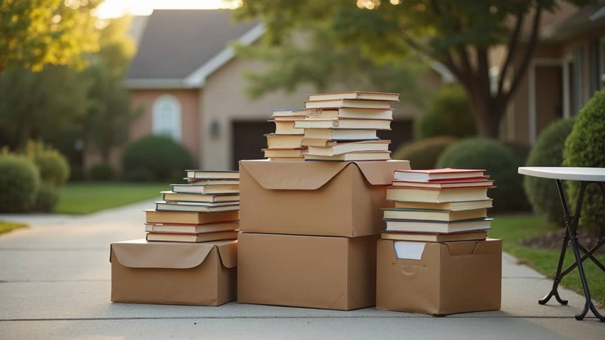 Cardboard boxes full of used books on a suburban driveway in morning light