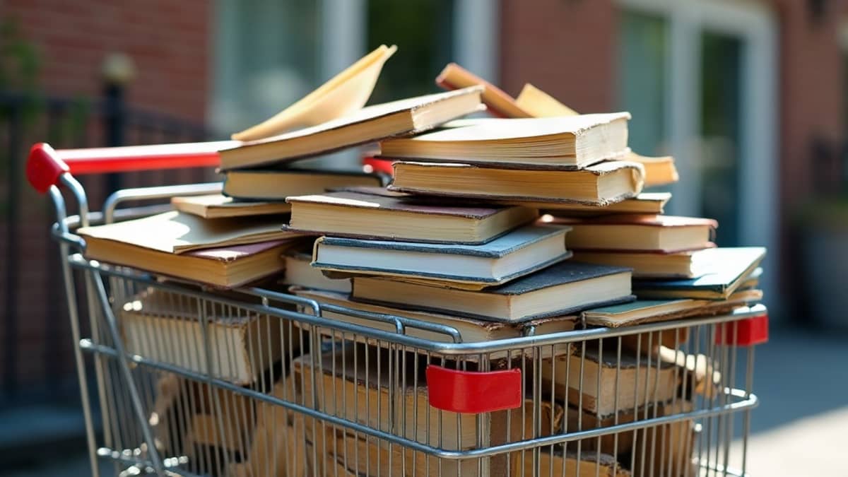 A shopping cart heaped with a messy pile of assorted used books