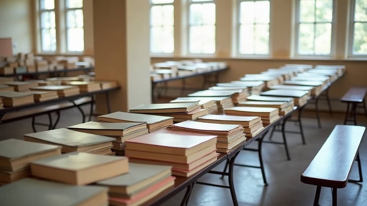 Folding tables covered with neat rows of used books in a bright community hall